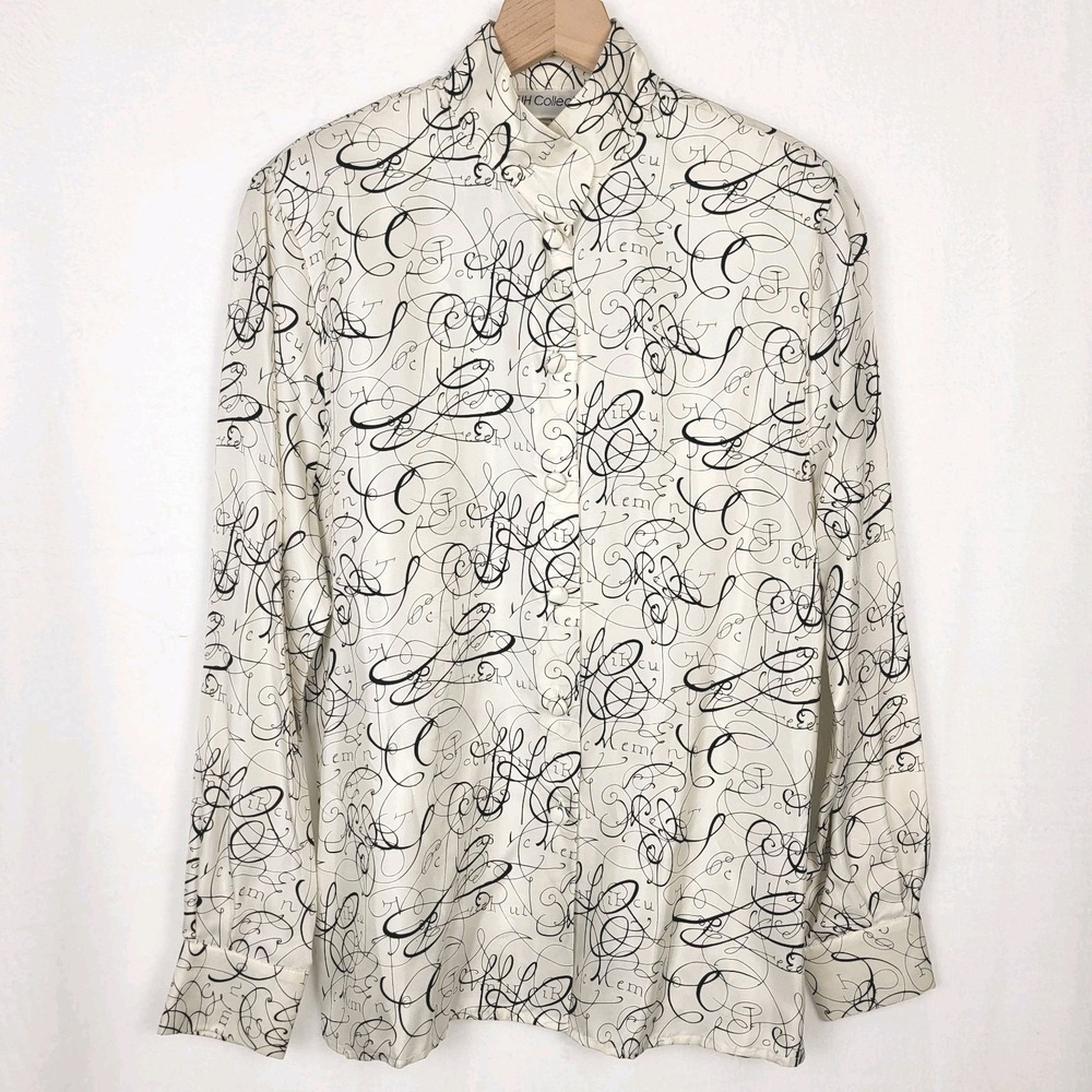 Vintage JH Collectibles 100% Silk Blouse Script Calligraphy Print Ivory Black 12
